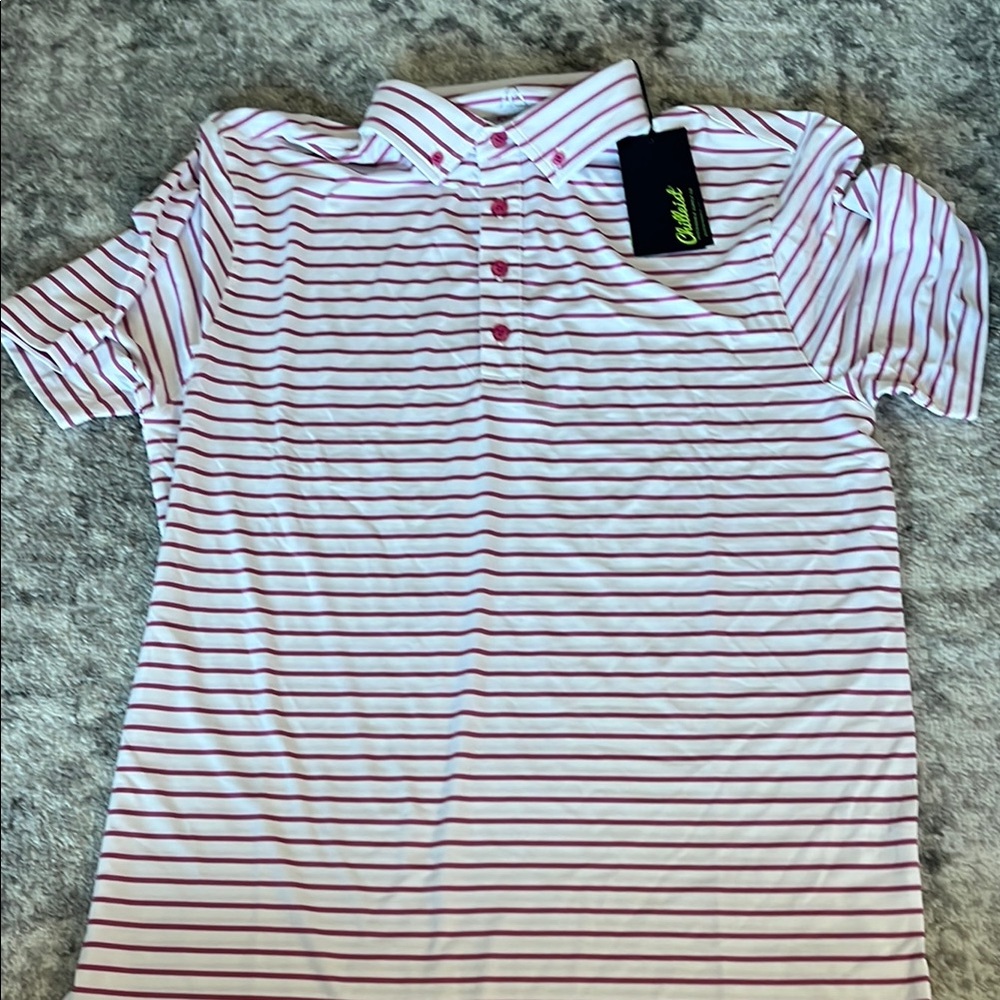 Striped Polo Shirt with Fuschia Accents